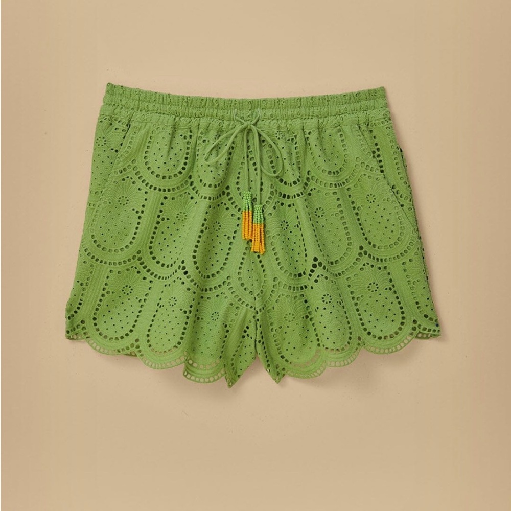 FARM Rio Green Eyelet Scalloped Shorts with Tassel